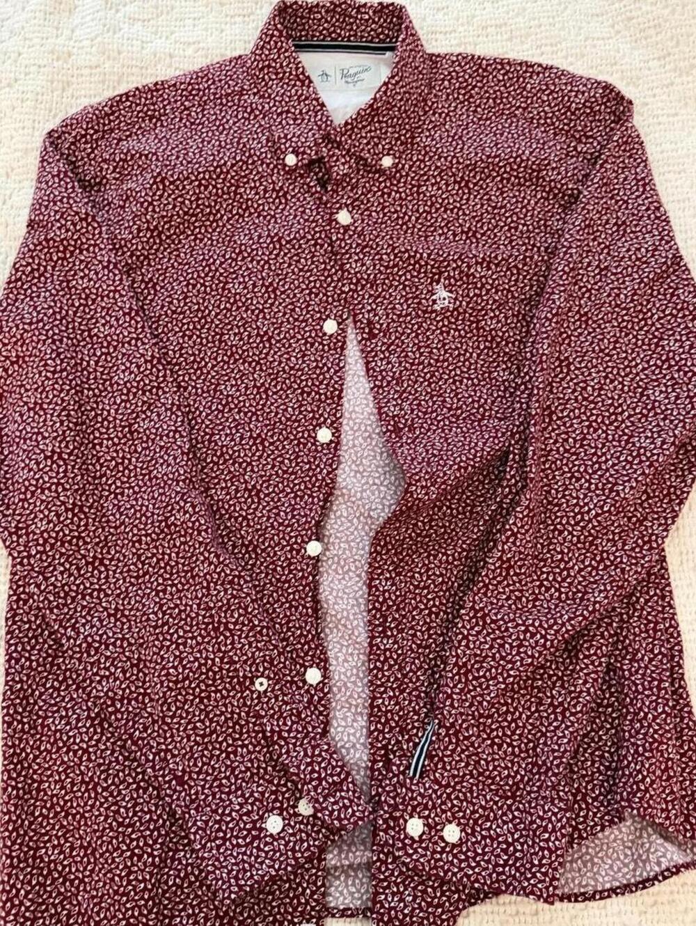 Original Penguin Men's Long Sleeve Button-Up Shirt Burgundy Leaf Print Size M